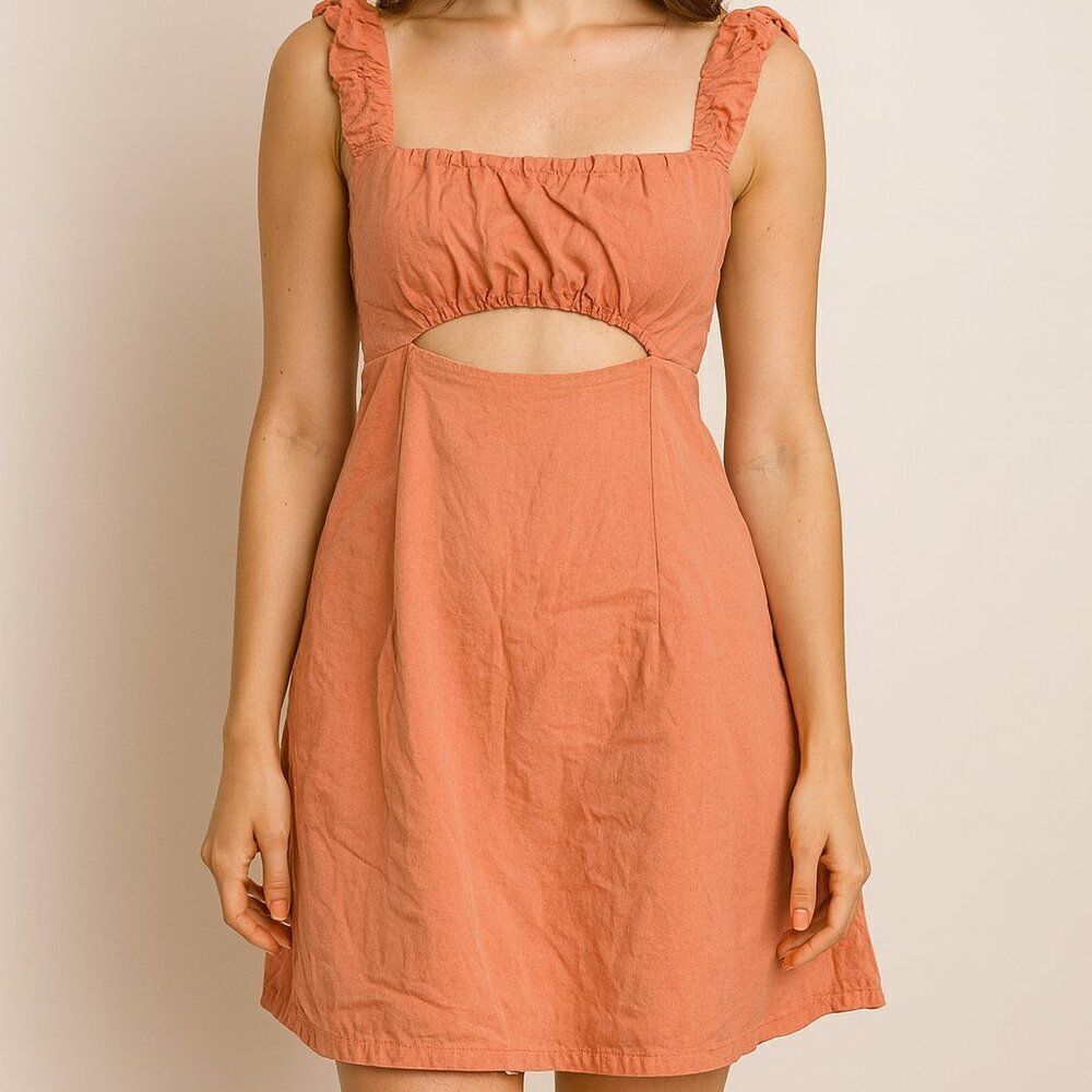 Altar'd State Terra Cotta Peach Pink Linen Blend Cutout Ruched Mini Dress Medium